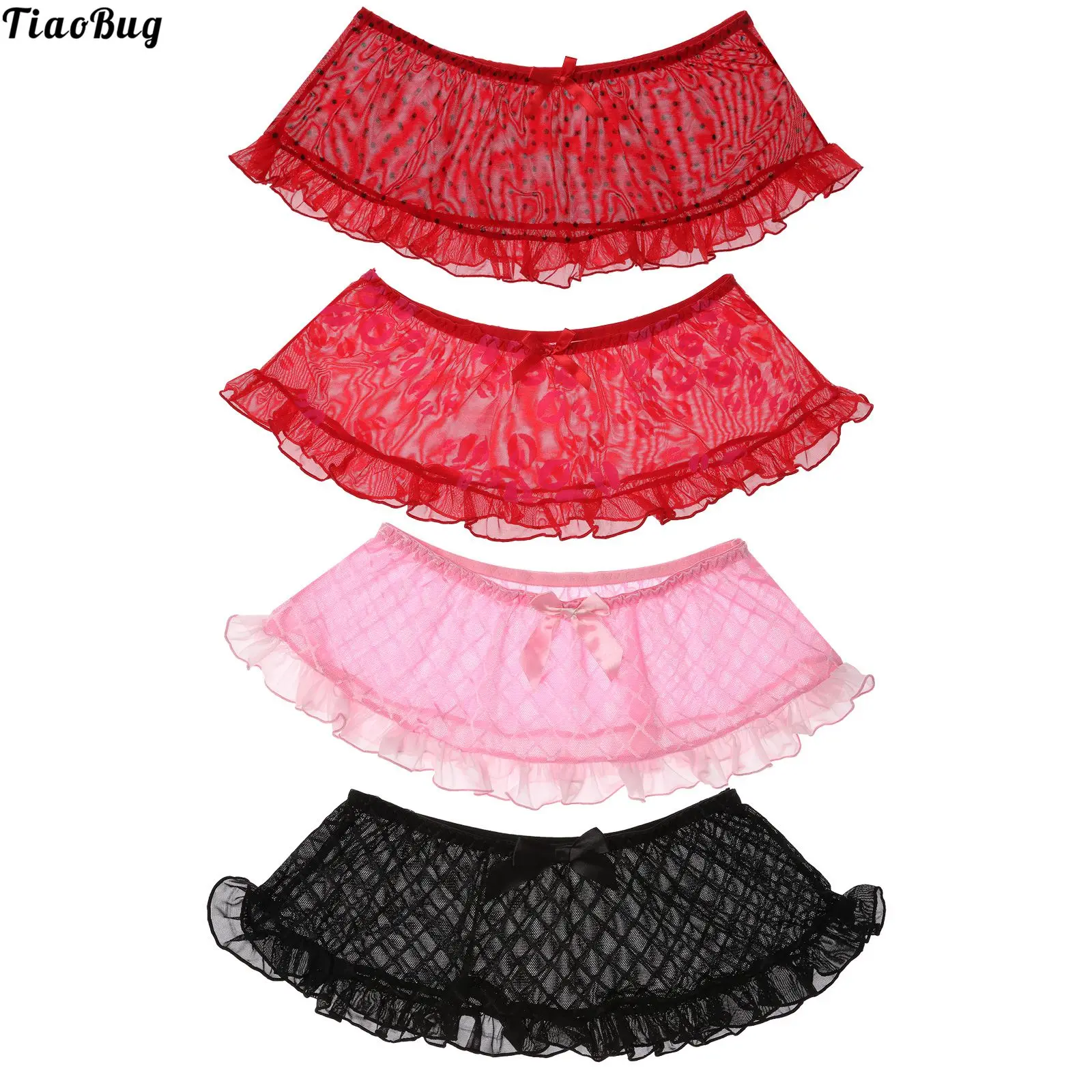 TiaoBug Men Lip/Dots/Plaid Pattern See-Through Mesh Skirt Sissy Gay Underwear Lingerie Nightwear Ruffles Miniskirt