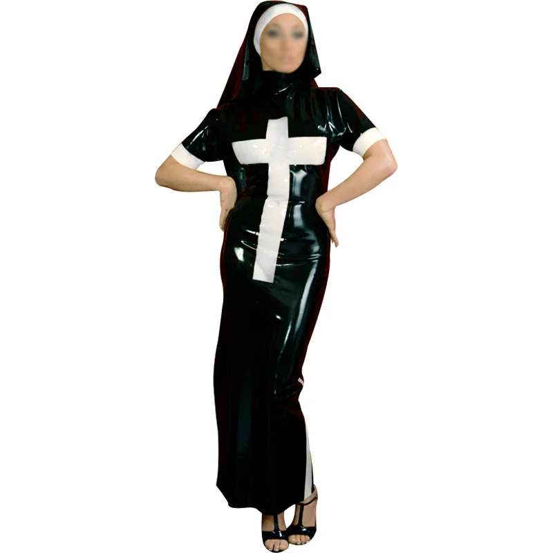 Sexy Long Latex Dress With Nun Habit Trims At Sides HeadgearCross Zip Back Rubber Uniform Bodycon Playsuit LYQ-0215