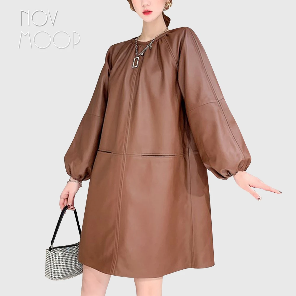 

Novmoop genuine leather women dress A line shape knee length lantern sleeve sweet elegant style Vestido de cuero LT3395