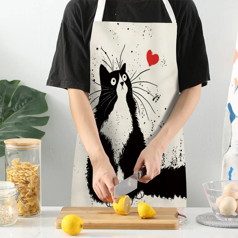 1Pcs Kitchen Cooking Apron Cute Cat Printed Home Sleeveless Cotton Linen Easy Aprons for Kids Women Baking Accessories Fartuchy