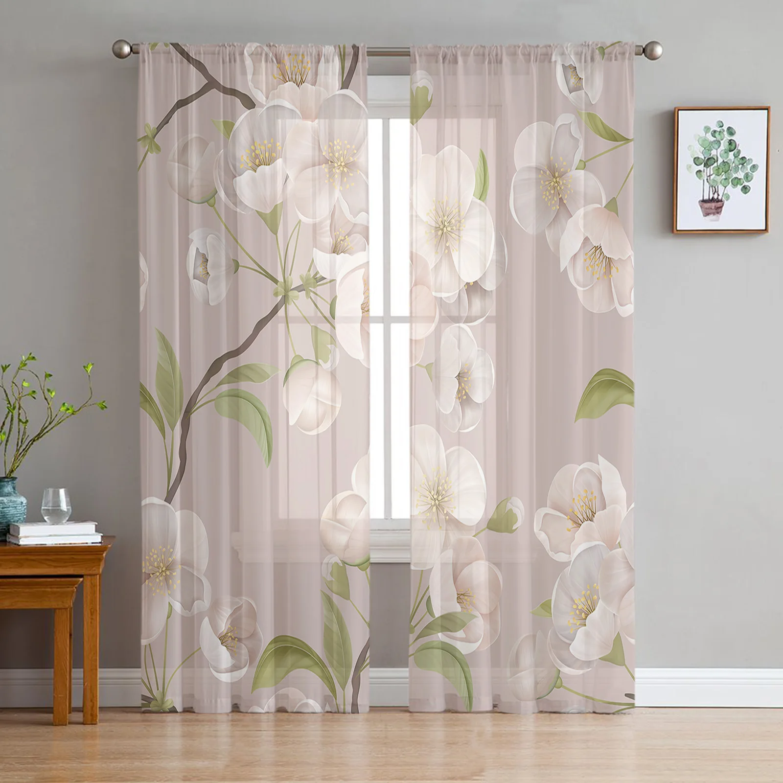 

Spring Brown Background Peach Blossom Sheer Window Curtains for Living Room Bedroom Modern Tulle Voile Curtains Fabric Drapes