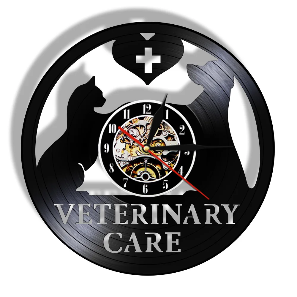 Veterinary Care Hospital Vinyl Record Wall Clock Dog Cat Clinic Time Health Services Slient Watch Animal Lover Pet Vet Cute Gift