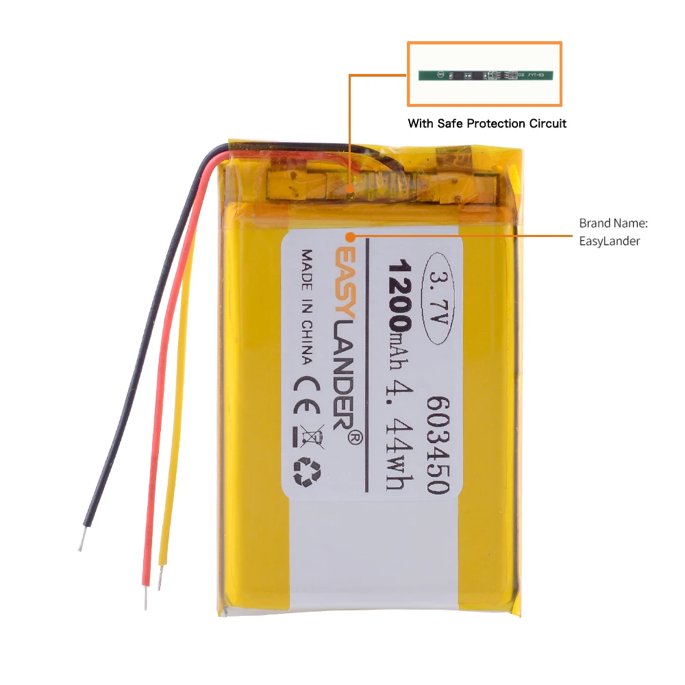 3wires 3.7V 1200mAh 603450 Rechargeable Lithium Li-ion Polymer Battery Replacement For Jabra Solemate Mini headset DVR GPS MP3