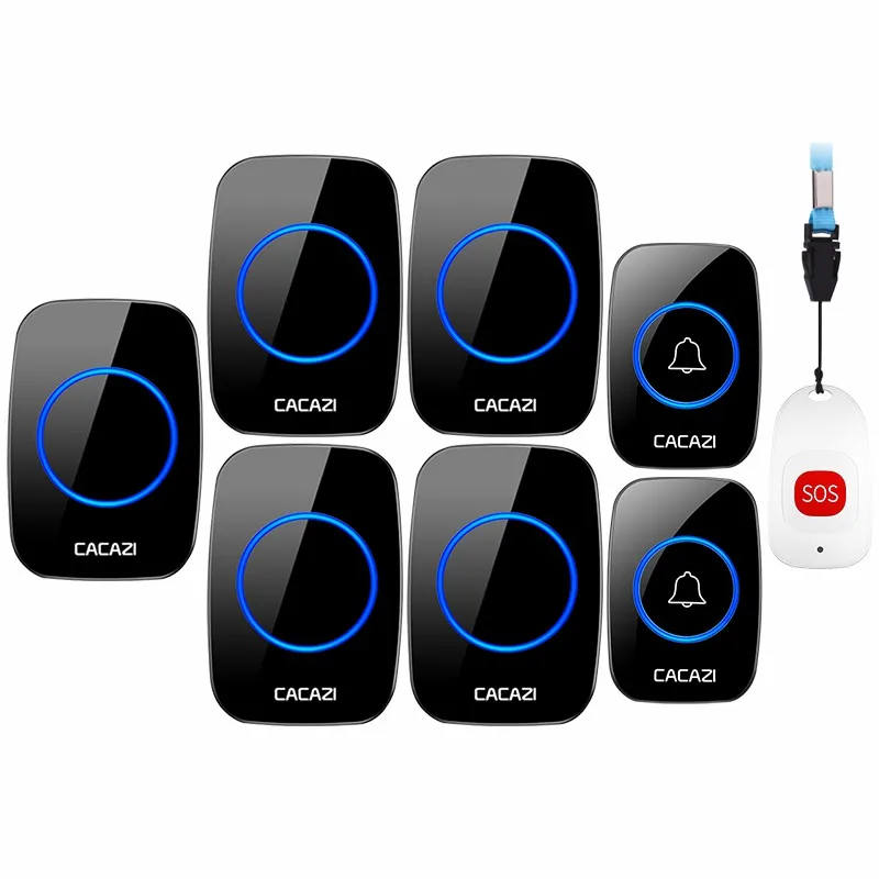 

CACAZI Smart Home Wireless Pager Doorbell Old man Emergency Alarm Call Bell US EU UK Plug 80m Remote 2 button 1 pager 5 Receiver