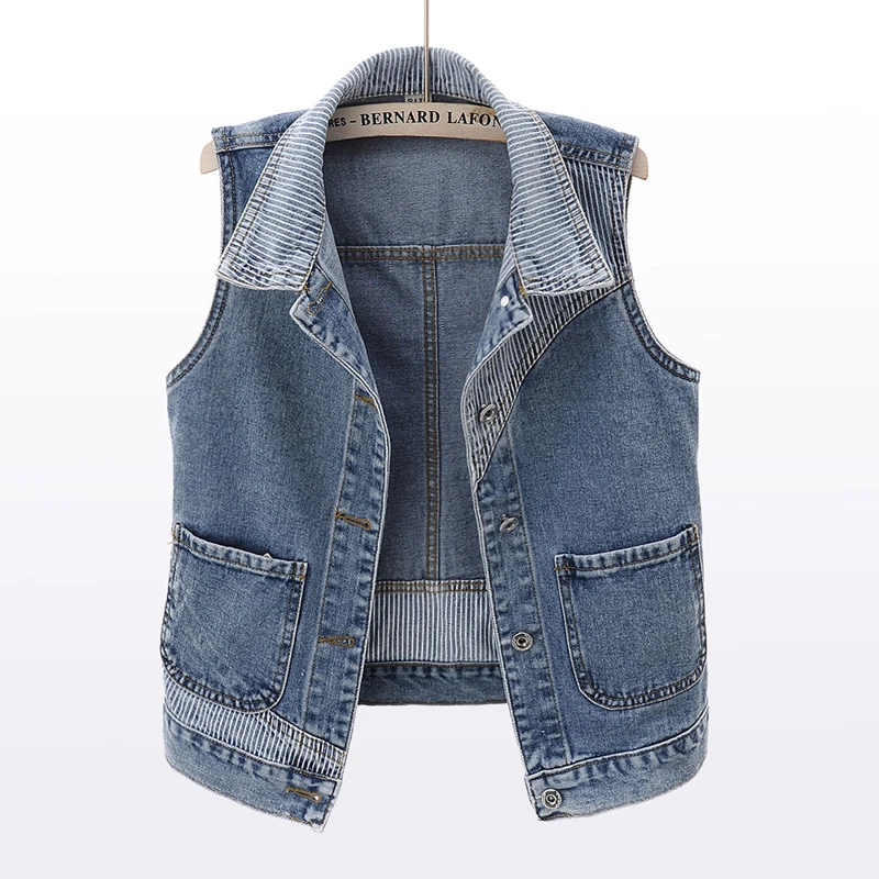 

5XL Casual Short Denim Vest Women Waistcoat Vintage Blue Jeans Vests Fashion Striped Splicing Pocket Sleeveless Jacket Female