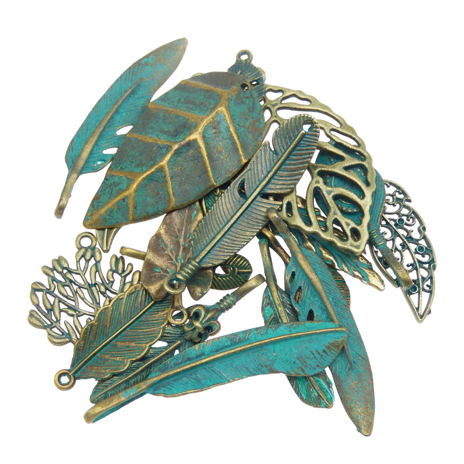 GraceAngie 14pcs Antique Bronze Charms Simulated Green Leaves Pendants Suspension Bracelets Necklace Accessory Mixed Shape