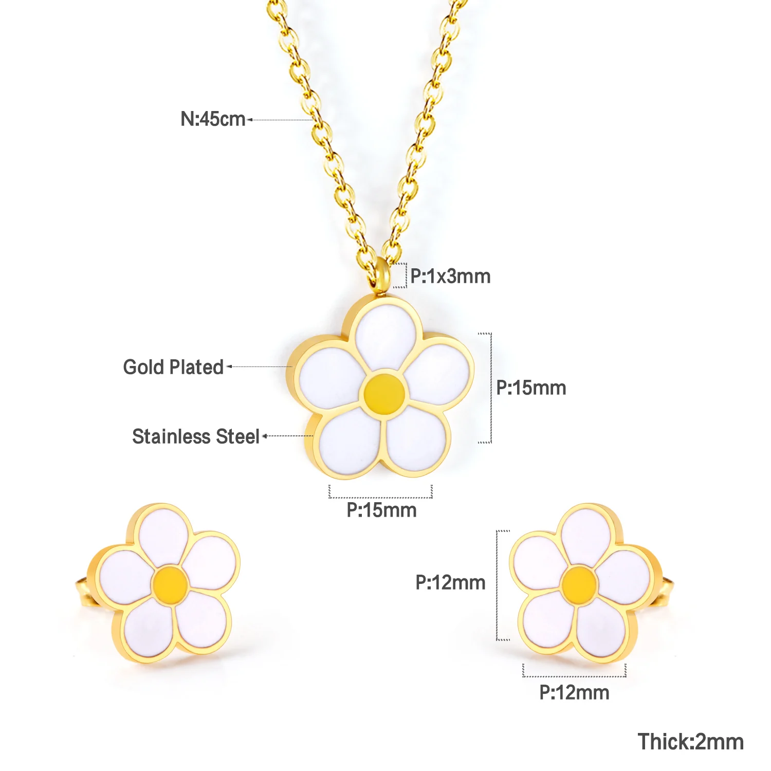 LUXUSTEEL Romantic Style Golden Color Flower Pendants Collars Necklaces bijoux Stainless Steel Stud Earrings Fashion Jewelry