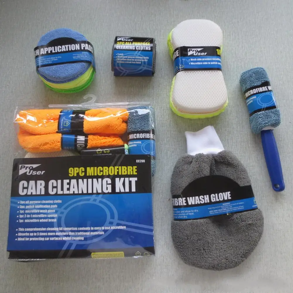 9Pcs Microfiber Car Wash Cleaning Kit Include Microfiber Towels Applicator Pads Wash Sponge Wash Glove Wheel Brush