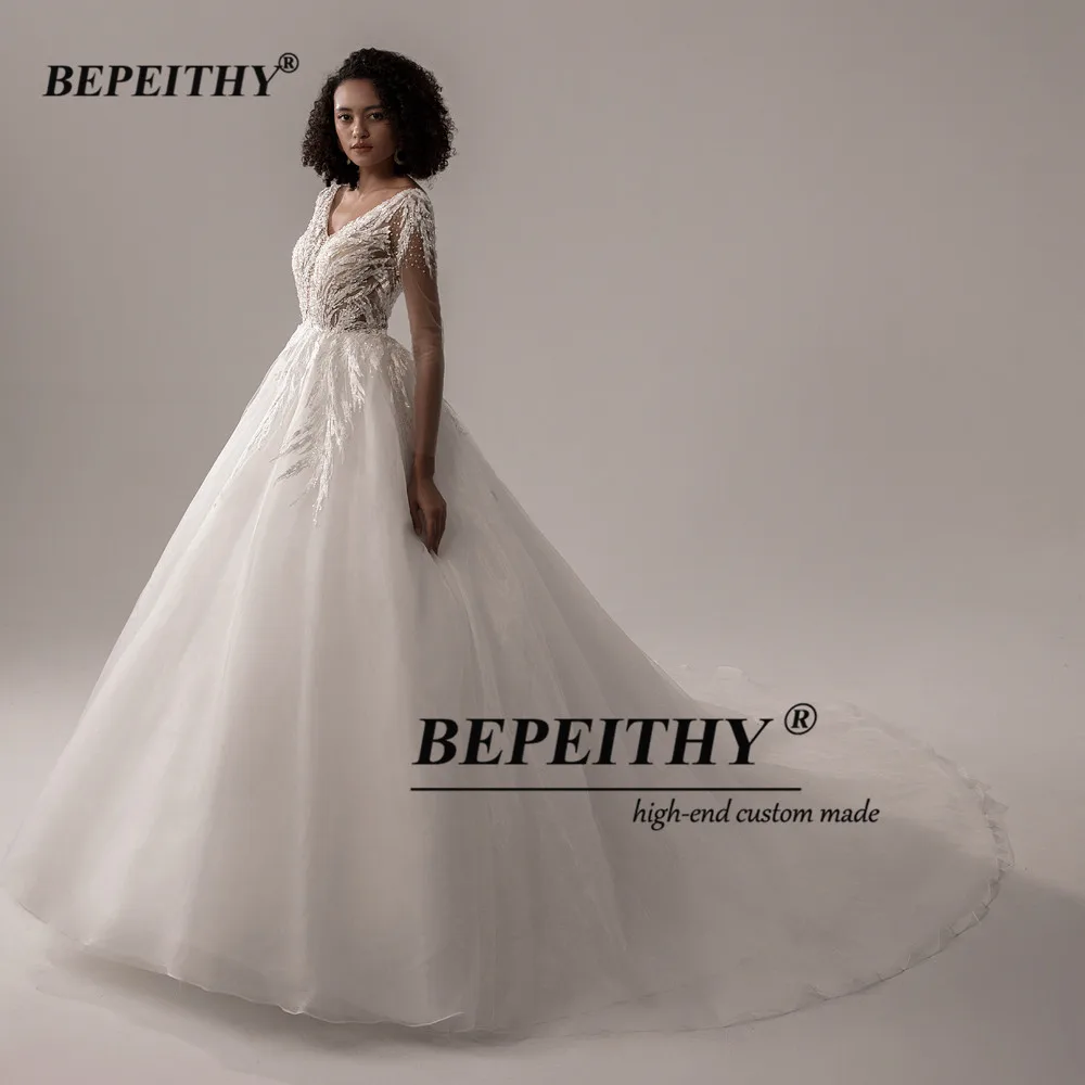 BEPEITHY-vestido de novia blanco con espalda descubierta para mujer, traje de novia de manga completa con cuello en V y cuentas transparentes, color marfil, 2023