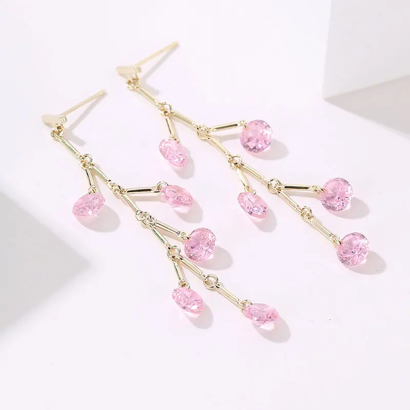 HUAMI Long Dangle Drop Earrings for Women Pink Crystal Purple Sweet Sister Jewelry Fashion Tassel Bouclee Oreille Femme 2021