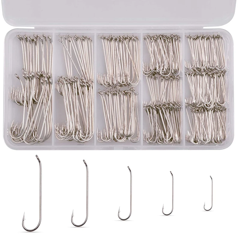 320pcs/box Silver Trout fly fishing hook Long shank Fly Tying hooks size 2# 4# 8# 10# 12# Ultra sharp carbon steel hook