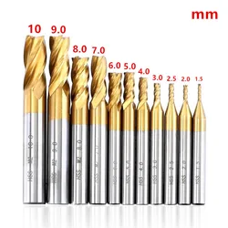 Broca espiral de cuatro flautas HSS con revestimiento de titanio, 1,5-10mm, HRC63, CNC, fresa de extremo para corte de madera y acero