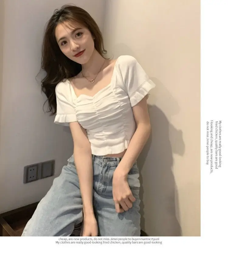 Gestrickte Modische Bluse Damen Rüschen Jugendlich Elegant Sommer Crop Top Sexy Figurbetonte Bluse Kurzarm – Detail 3