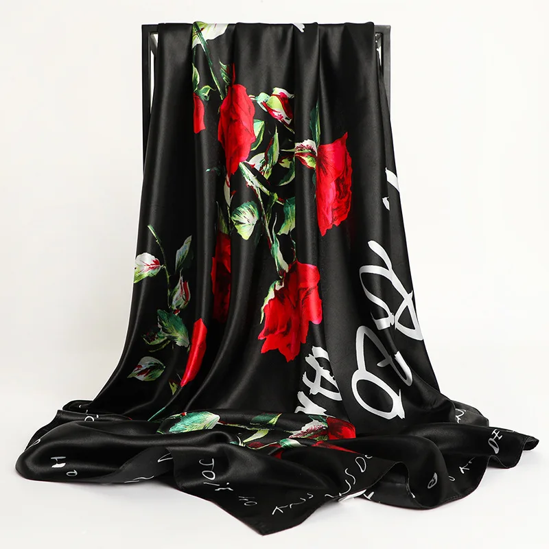 2021 Fashion Kerchief Silk Satin Neck Scarf For Women Print Hijab Scarfs Female 90X90CM Square Shawls And Wraps Scarves For Lady