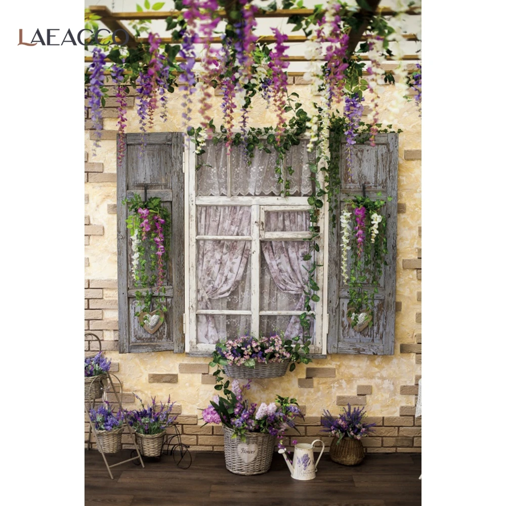 Laeacco Old Rural Village House Window Door Flower Country Yard Porch Wreath Scene Photo Background Photo Backdrop Photo Studio