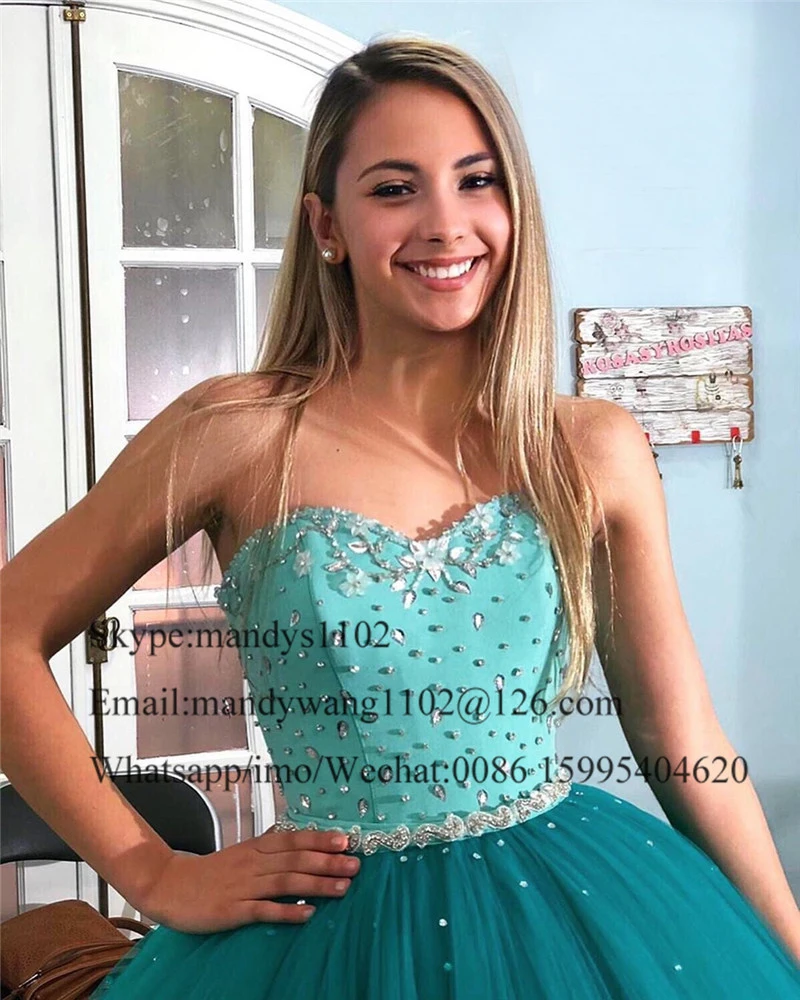 Puffy tule turquesa quinceanera vestidos 2020 brilhante cristal bola vestido doce 15 vestido plus size vestidos de festa de 15 anos