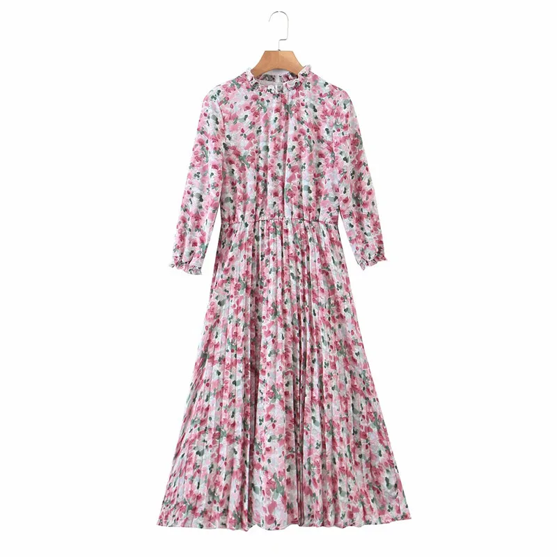 Evfer Women Sprint Floral Print Za Pink Long Chiffon Dresses Female Casual Ruffles Collar High Waist Pleated Slim Dress Chic