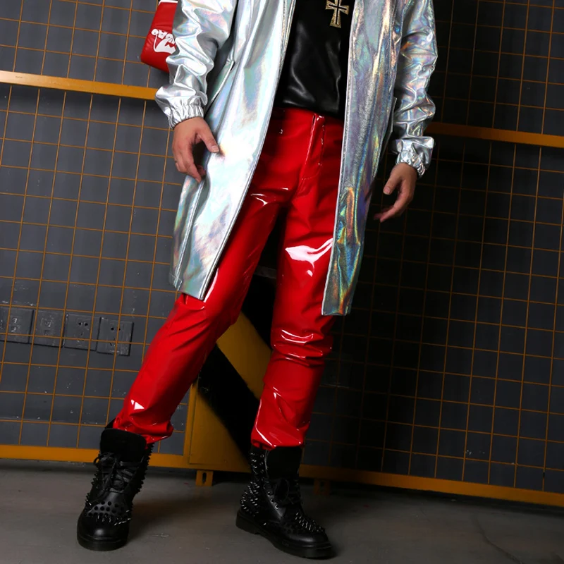 Red Leather Pants Men Modern Jazz Trousers Gogo Dancer Performance Clothing Nightclub Dj Mc Stage Costume Male Fashion Clothes