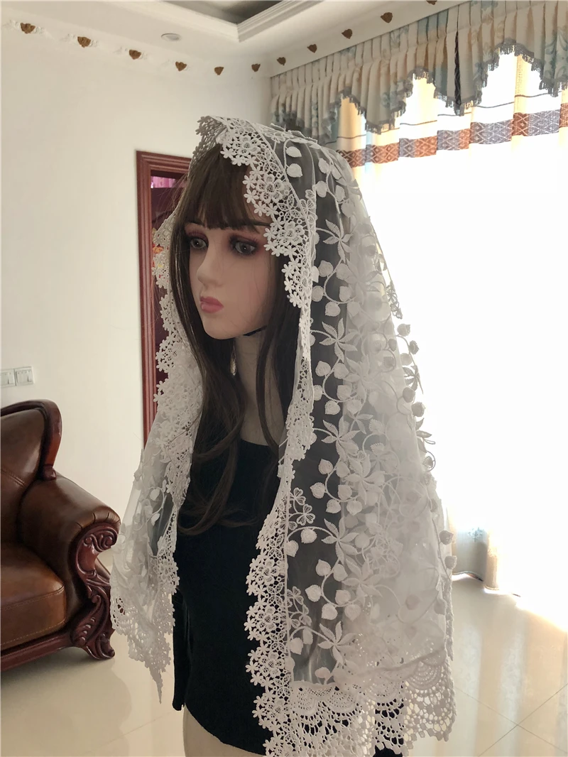 White Women's Mantilla Lace Catholic Veil for Chapel Church Head Covering Scarf Mass Vela Voile Shawl Dentelle Long Style