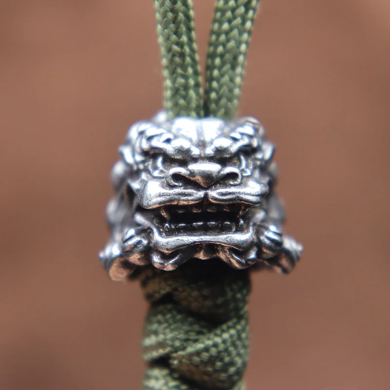 Chinese Ancient Palace Lion Head Knife Beads Brass Animal Figurines EDC DIY Paracord Woven Lanyard Pendants Jewelry Accessories