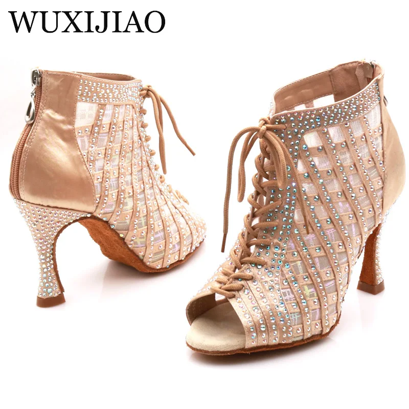 WUXIJIAO Latin dance high boots shoes soft sole shoes salsa ballroom ladies mesh dance shoes Cuba high heels  9CM