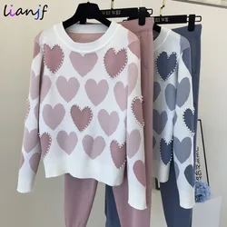 Fashion Women Sweater 2 Piece Sets Chic Knit Embroidery Bead Heartshape Pullovers Top + Spring Harem Pants Sport Tracksuits Suit