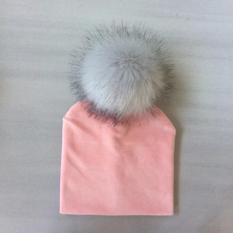 Autumn Winter Kids Girls Solid Velvet Hat With Pompon Baby Beanie Pompom Cap Children\'s Accessories