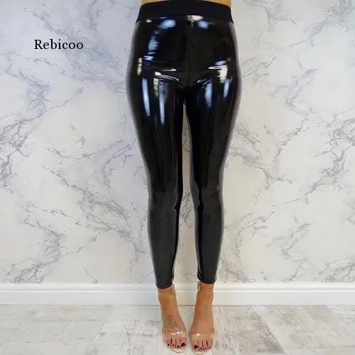 Sexy Women Gothic Leggings Wet Look Pu Leather Leggings Black Slim Thin Long Pants Ladies Skinny Leggings Stretchy