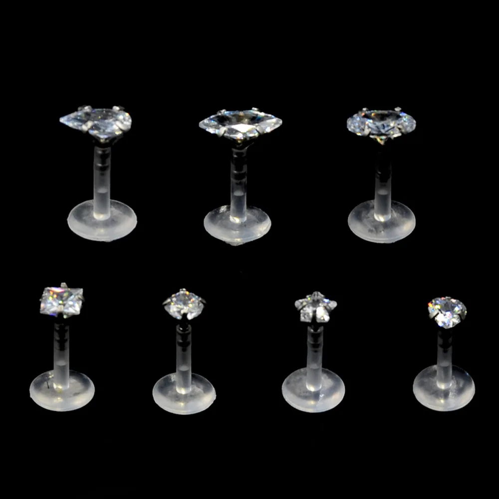 1Pc Bioplast Flexible 16G  6/8mm Ear Cartilage Tragus Piercing Body Jewelry Push-in Labret Lip Stud with Press Fit Steel Zircon