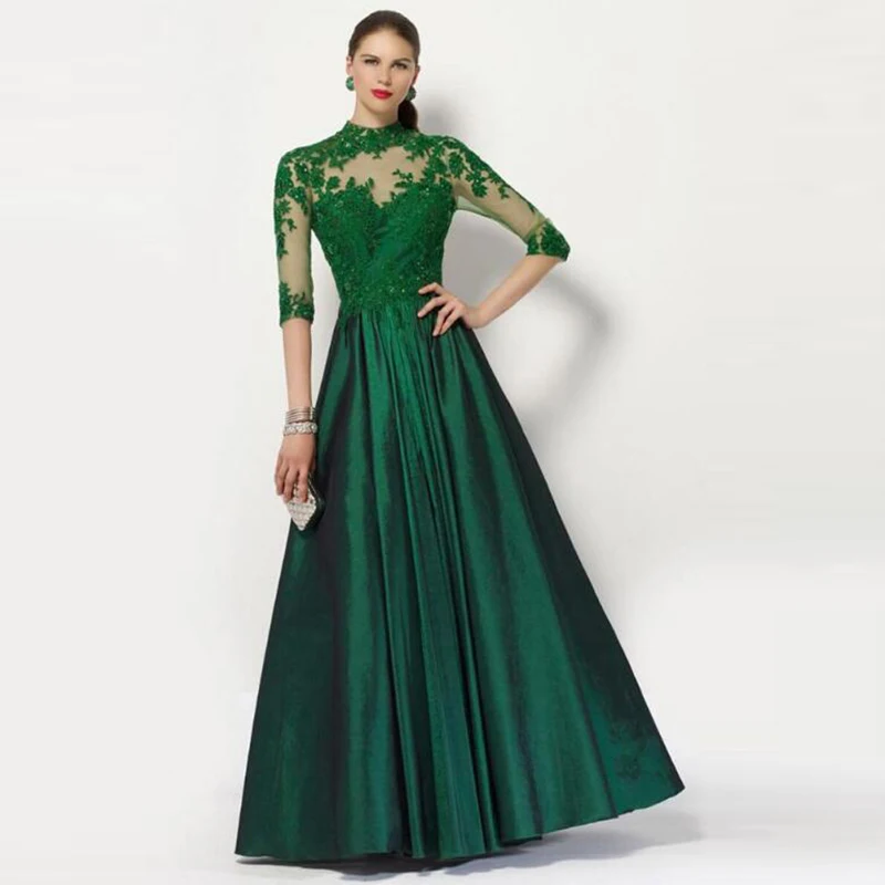 Robe trapèze en dentelle verte pour mère de la mariée, magnifique, col haut, manches trois quarts, fête de mariage, quel que soit le dos, 2020