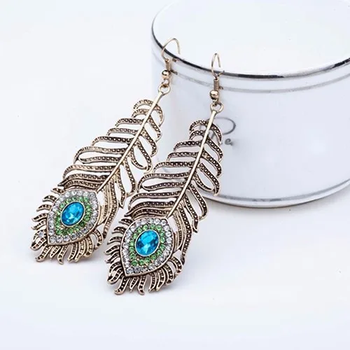 Vintage Rhinestone Peacock Eye Feather Drop Dangle Earrings For Women Jewelry Statement Earrings Party Jewelry Brincos Wholesale