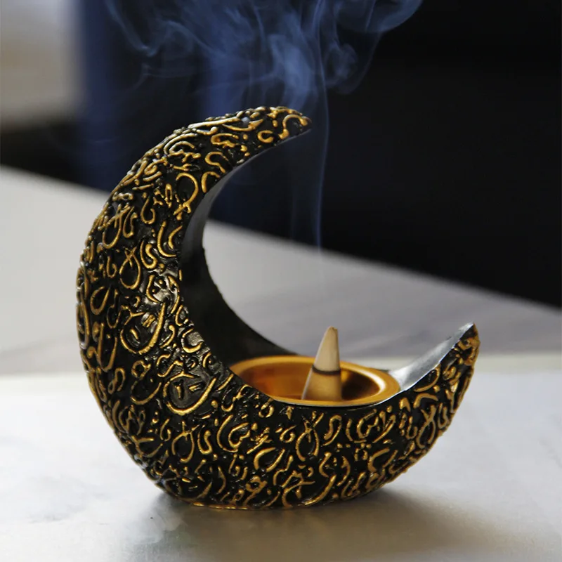 10CM Ramadan Bright Crescent Resin Incense Burner Antique Decoration For Home Table Decoration Aromatherapy Burner