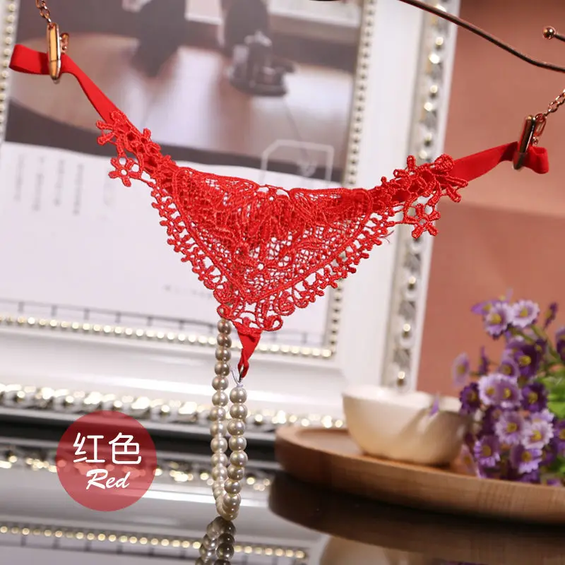 Sexy Women\'s Underwear Panties Female Massage Pearl Lingerie G-stings Hollow Thong Girls Embroidery Lace T-back Panties Knickers