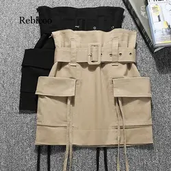 Faldas Mujer Moda Summer High Waist Mini Skirt Elegant Belted Buttons Decor Cotton Short Skirt Army Green Khaki
