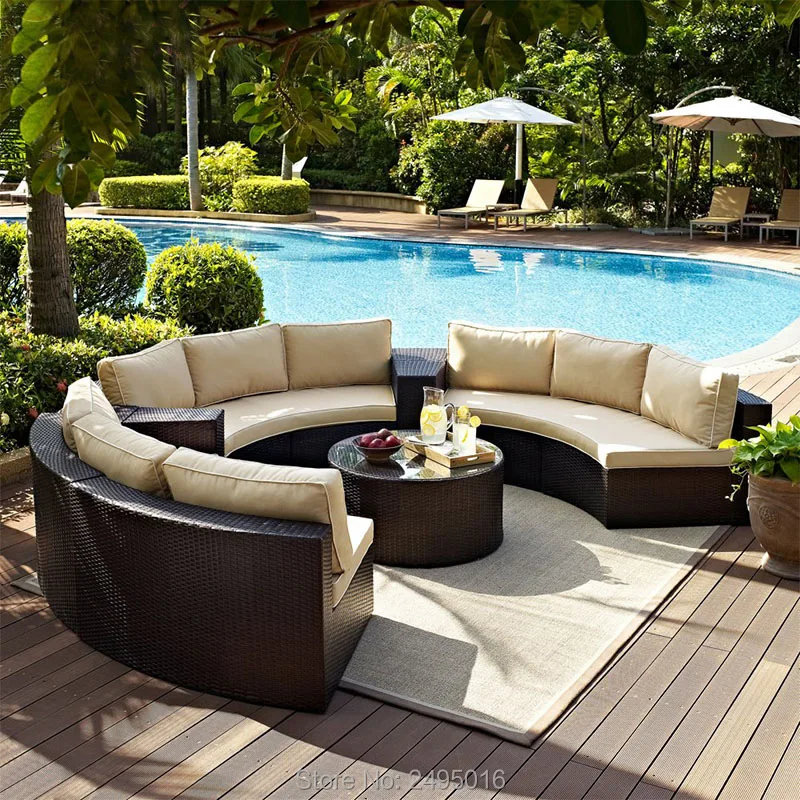 6pcs Rattan furniture Outdoor Garden couch Semi Circle Sofa Wicker woven sectional couch sofa set swiming pool  terrace Patio