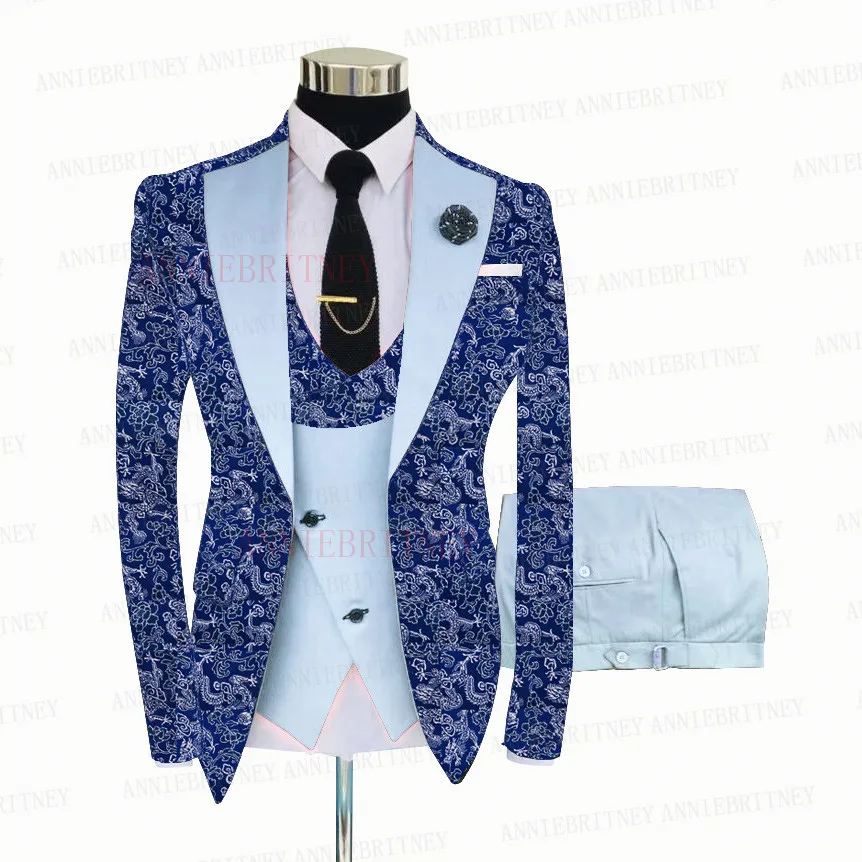 2021 Fashion Blue Floral Printed Men Suit 3 Piece Groom Wedding Tuxedo Slim Fit Shiny Blazer Suit Jacket Hot Pink Vest Pants Set