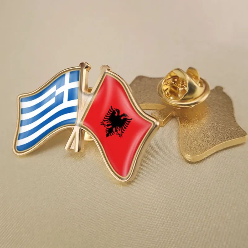 Greece and Albania Crossed Double Friendship Flags Lapel Pins Brooch Badges