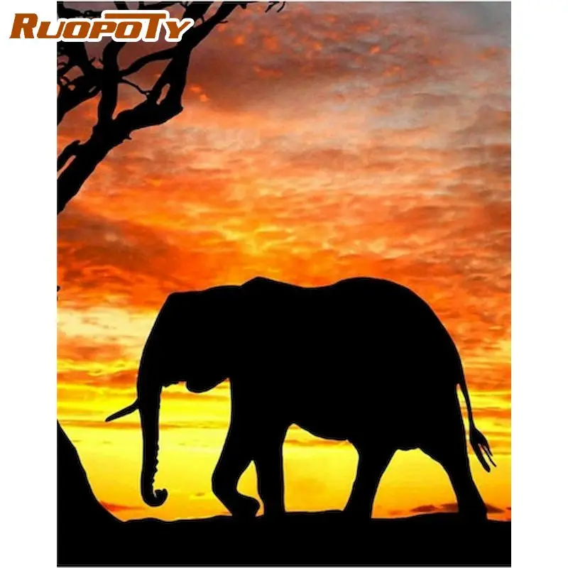 

RUOPOTY Frame Diy Painting By Numbers Elephant Animal Canvas Colouring Handpainted Kits Gift Wall Decor