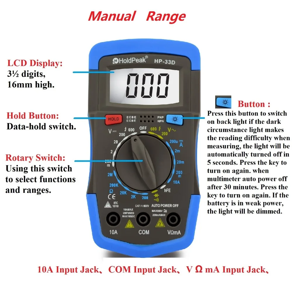 HP-33D Digital Manual Multimeter DC/AC Voltage Current Resistance Diode Tester with Data Hold,Shock Protection,Measuring Cable