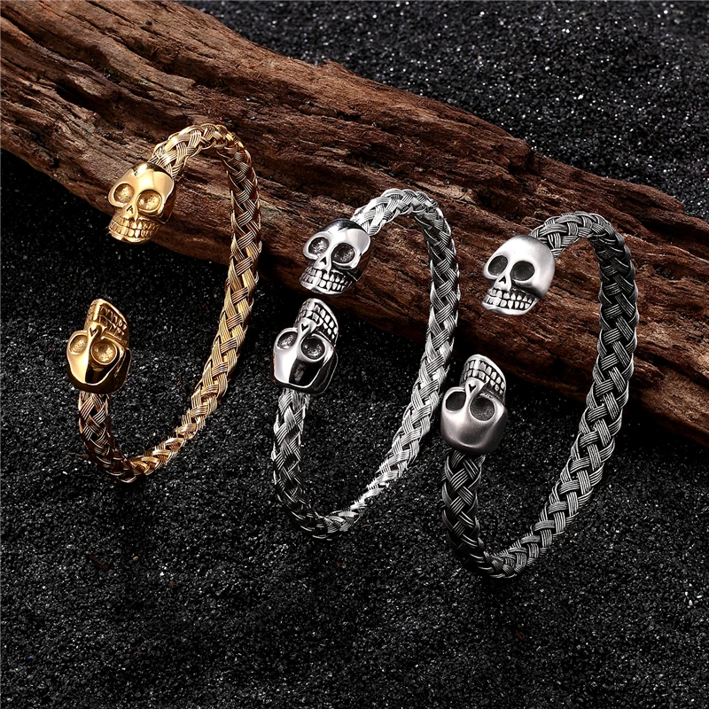 316L Stainless Steel Bangle Men Skull Bracelet Titanium Adjustable Opening Cuff Charm Jewelry Pulseras Hombre Luxury Jewelry