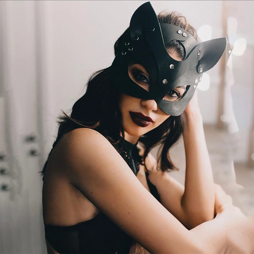 Masque Sexy pour femmes, demi-yeux, renard, Cosplay, visage de chat, Faux cuir, fête d'halloween, masque de chat amusant, jouets noirs pour adultes