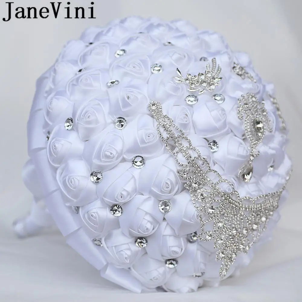 JaneVini, ramos de boda grandes de 30CM para novia grande, rosas de satén blanco, joyería de mariposa de cristal brillante, ramo de novia 2024