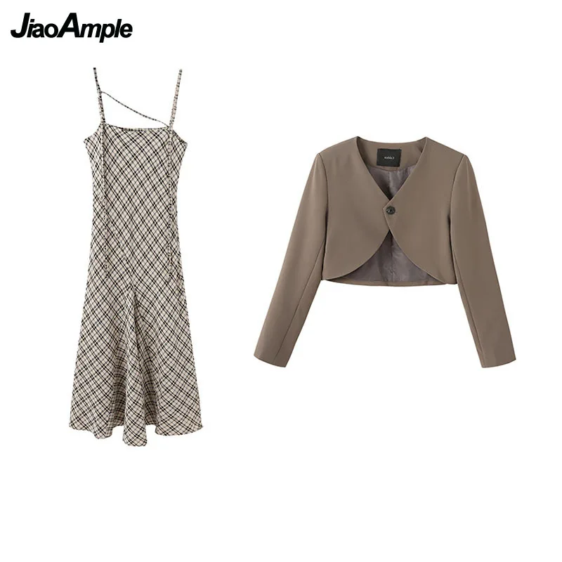 Ensemble veste et jupe Midi pour femme, blazer Vintage élégant, manteau à carreaux, robe à bretelles en queue de poisson, deux pièces, automne L-4XL, 2021