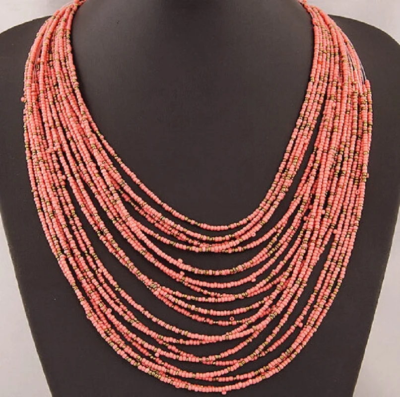 Fashion new bohemian women necklace long chain rice bead necklace trinket