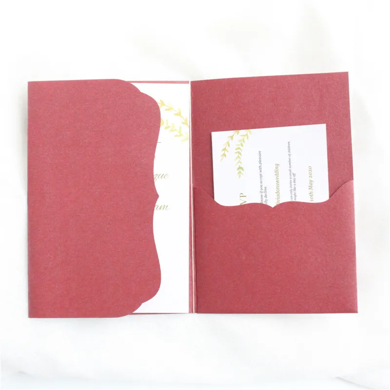 Burgundy Wedding Invitations Cards Pocket Tri-folding Greeting Card Engagement Party Supplier