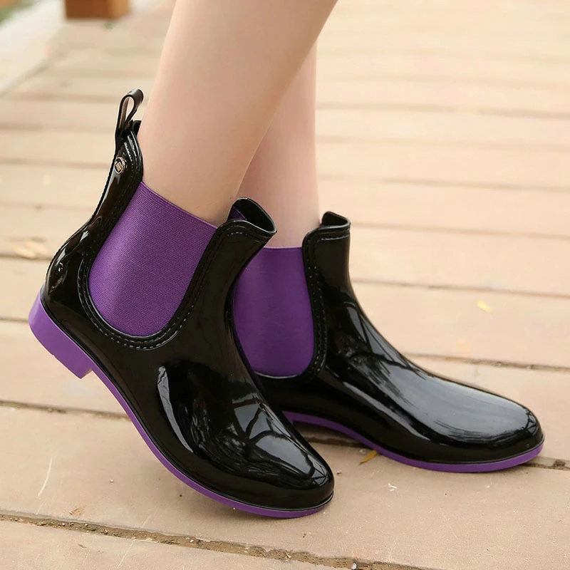 Womens Rainboots Waterproof Single Shoes Woman Mud Water Shoes Rubber Slip on PVC Elastic Ankle Boots Fashion Rain Boots