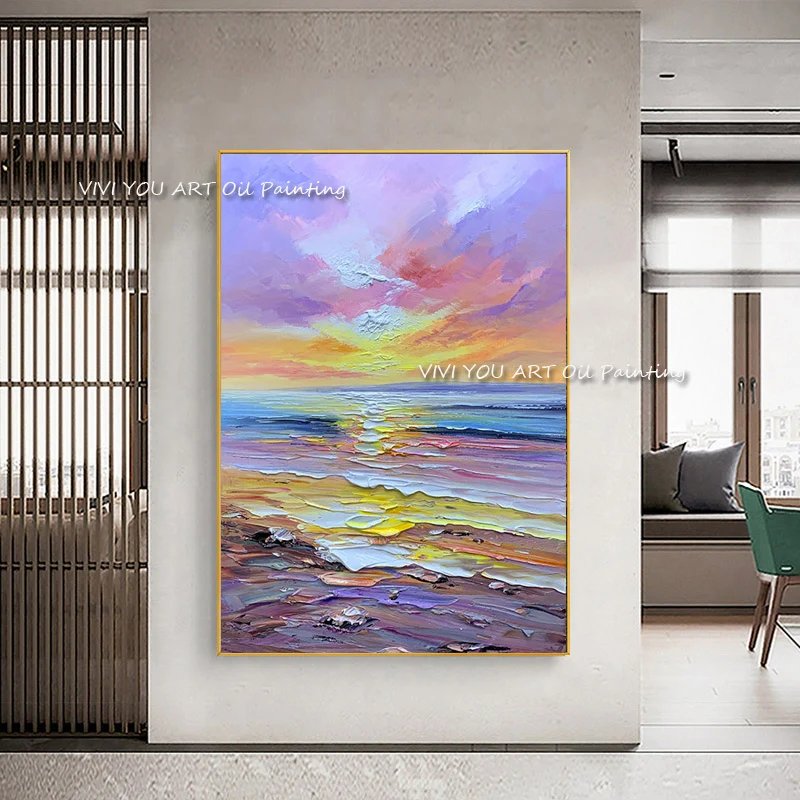 100% Hand painted colorful ocean oil painting large romantic pink knife canvas handmade modern artist home decoration wall art