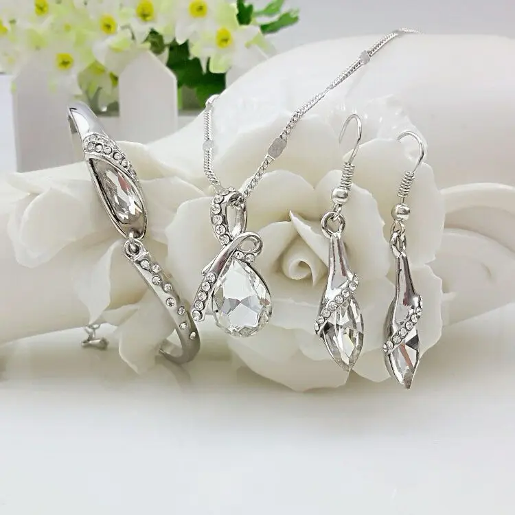 QiLeSen Fine jewelry white crystal glass shoes 925 sterling silver women's wedding necklace ring earrings set gift S0148