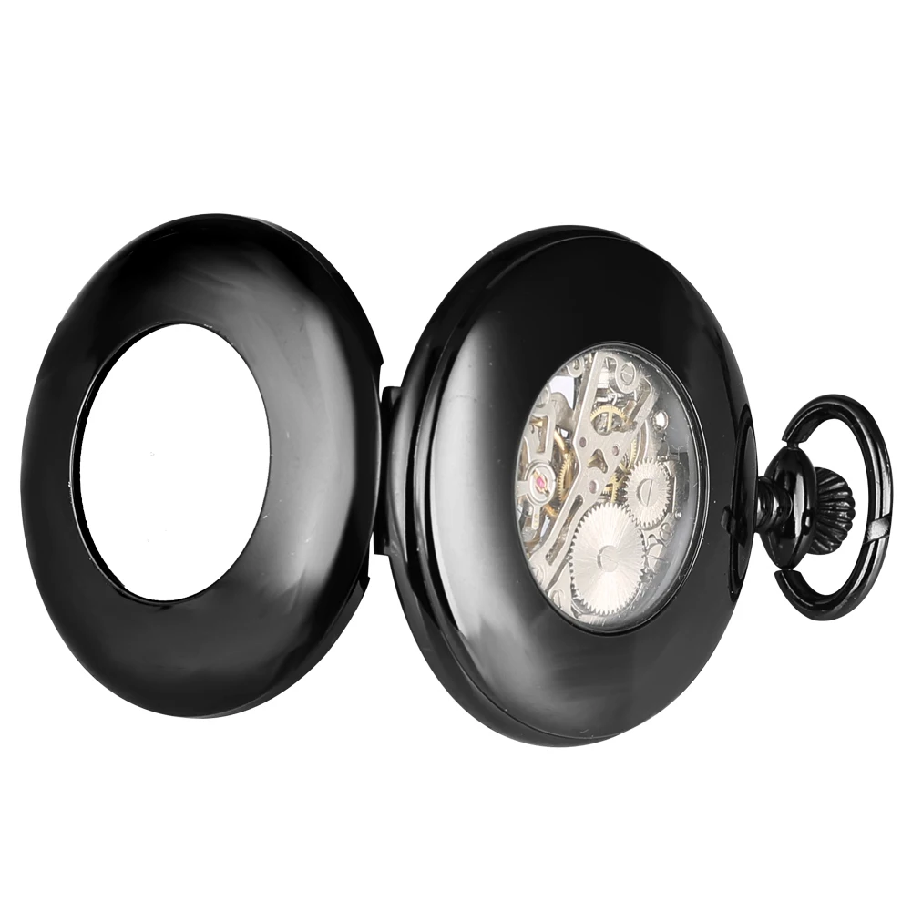 Black Hollow-Out Zakhorloge Smooth Case Met Blauwe Wijzerplaat Mechanische Hanger Ketting Met Ketting Klok Reloj De Bolsillo