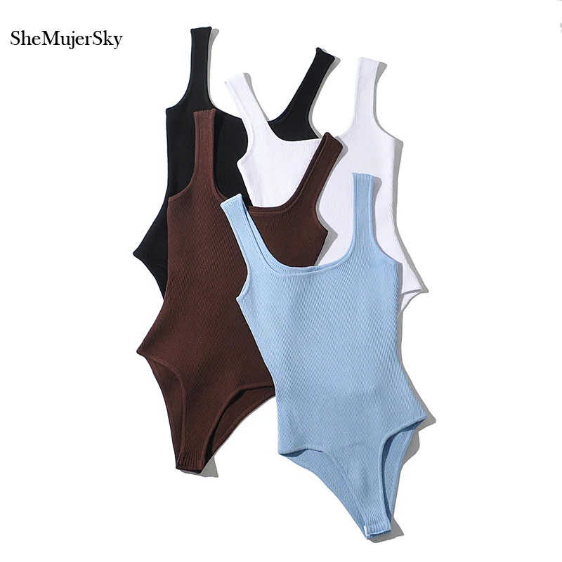 SheMujerSky Summer Sleeveless Bodysuit Knitted Elastic Black Tops Bodysuits Women Clothes Bodys para mujer 2021